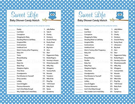 Candy Bar Baby Shower Game Answer Sheet