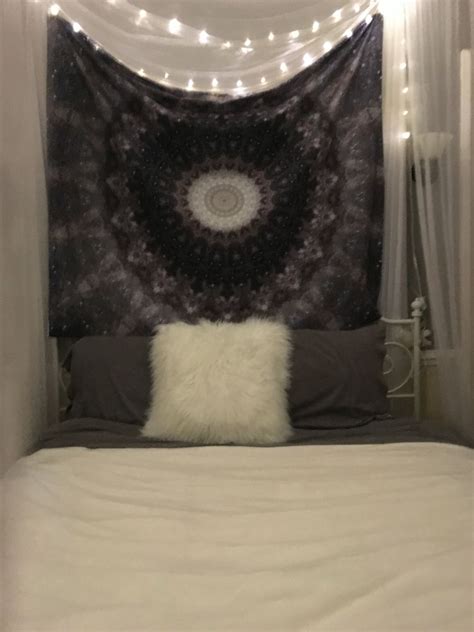 Canopy Bed With Fairy Lights And Tapestry Feminine Bedroom
