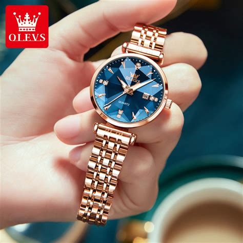 Olevs 5536 Rose Gold Quartz Blue Watch Women Watches Ladies Creative