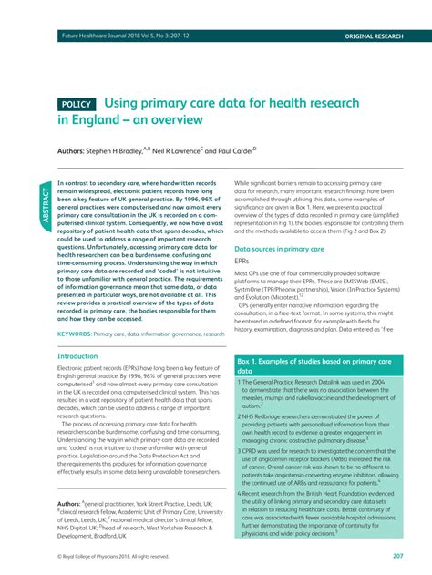 Pdf Using Primary Care Data For Health Research In England An Overview