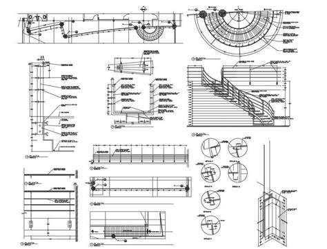 Semi Circular Staircase Elevation Section And Construction Cad Drawing
