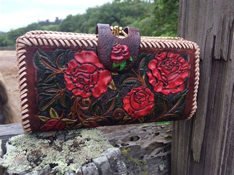 Wallet Woman Leather Clutch Red Roses Custom Hand Carved And