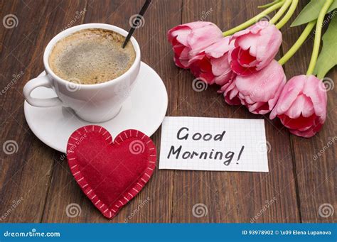Cup Of Coffee Tulips Red Heart And Good Morning Massage Stock Photo