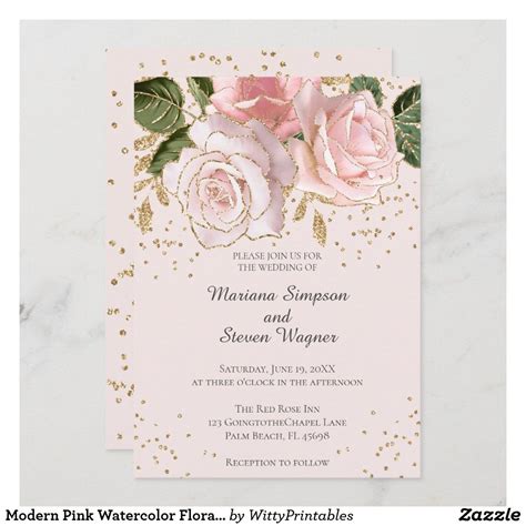 Modern Pink Watercolor Floral Gold Glitter Wedding Invitation Zazzle