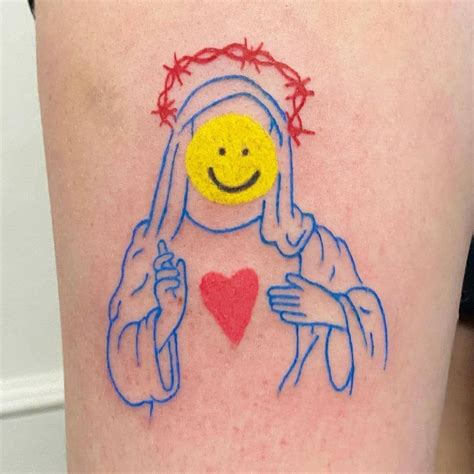 Jesus With Smiley Face Leg Tattoo By Alexeyfeism Leg Tattoos