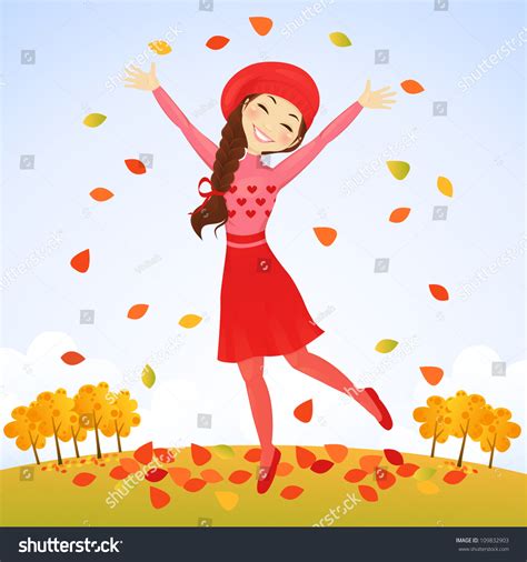 Cute Girl Jumping Fall Meadow Leaves Stock Vector 109832903 Shutterstock
