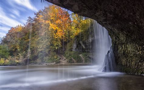 Nature Landscape Water Waterfall Long Exposure Trees Cave Clouds