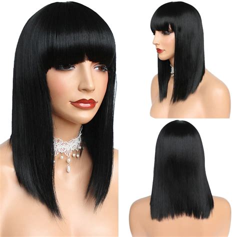 Shoulder Length Black Wigs With Bangs Cosplay Wigs For Women Etsy