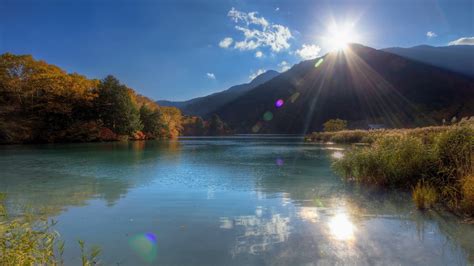 Landscape View Of Mountains Sunbeam Reflection On Water Trees Forest Hd