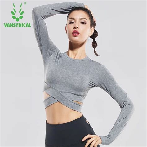 Sexy Exposed Navel Women Yoga Shirts Long Sleeve Jogging Running Shirt Fitness Female Sports Gym