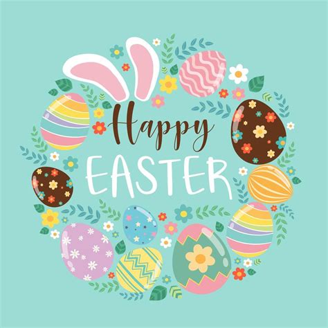 Colorful Happy Easter Greeting Card With Rabbit Ears Eggs And Text