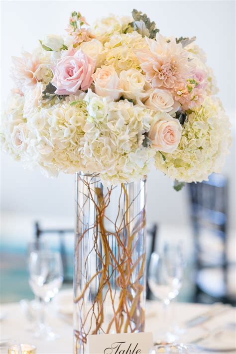 Blush And White Tall Centerpiece Dahlias Hydrangea Curly Willow Roses Stock Dusty Miler