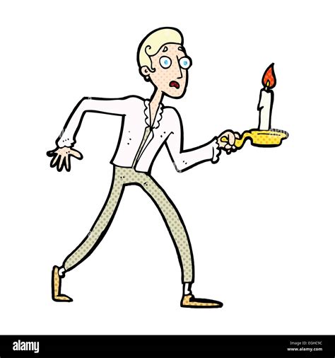 Retro Comic Book Style Cartoon Frightened Man Walking With Candlestick