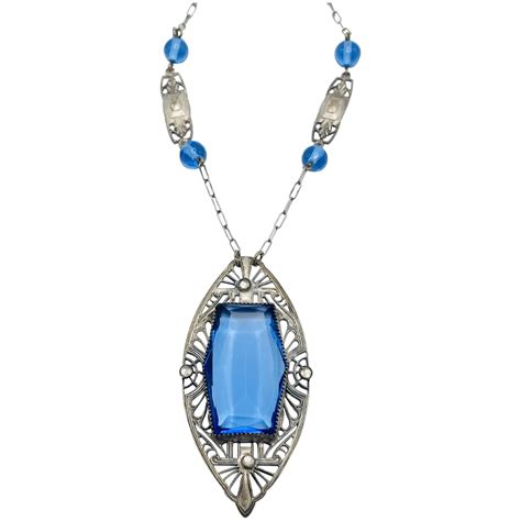 Art Deco Blue Glass Filigree Necklace 30 Ruby Lane