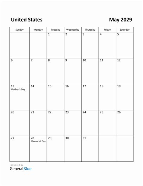 Free Printable May 2029 Calendar For United States
