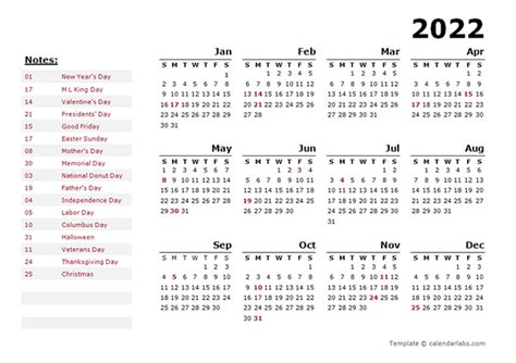 2022 Year Calendar Template With Us Holidays Free Printable Templates