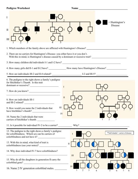 Answer key to the worksheet that looks at genetics pedigree answer genetics: Genetics pedigree worksheet answer key huntington s disease