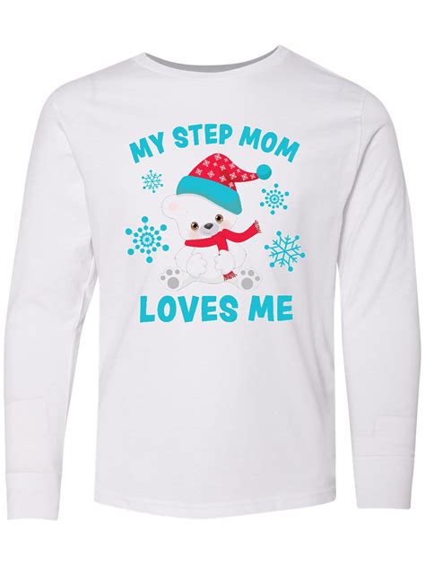 Inktastic Polar Bear My Step Mom Loves Me In Santa Hat With Snowflakes Youth Long Sleeve T Shirt