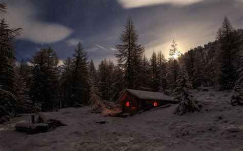 Cabin On Winter Night