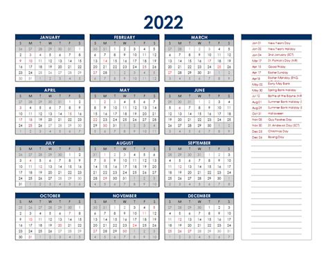 2022 Uk Annual Calendar With Holidays Free Printable Templates