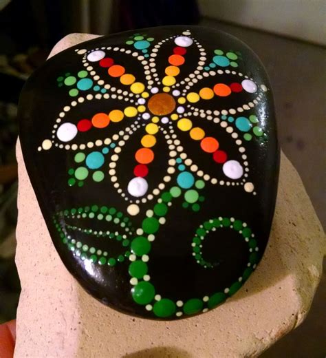 Hand Painted Dot Art Flower ~ Painted Beach Stone ~ Colorful Rainbow