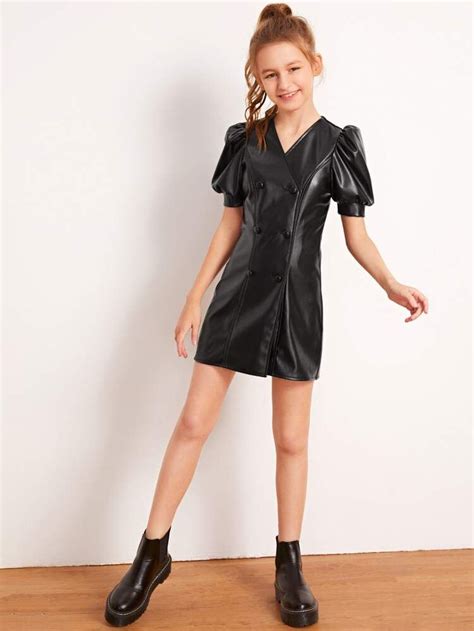 girls puff sleeve double breasted leather look dress shein usa in 2021 leather look dress