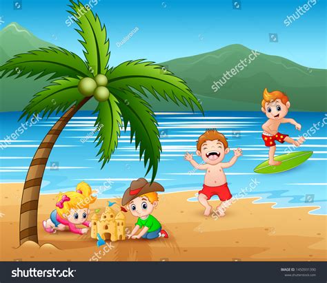 Happy Children Playing At The Beach Illustration Royalty Free Stock