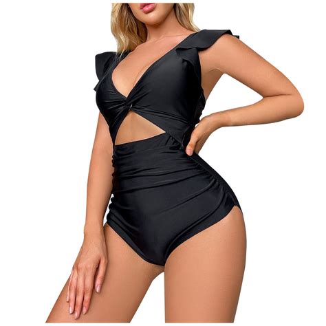 Swimsuits For Women Trendy Cut Out Ruffle Ruched One Piece Plunge V Neck Open Back Swimwear