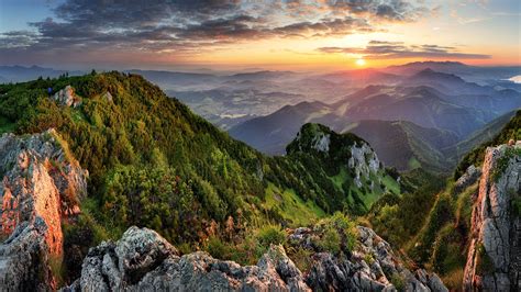 Mountain valley during summer sunrise view from Veľký Choč, Slovakia ...
