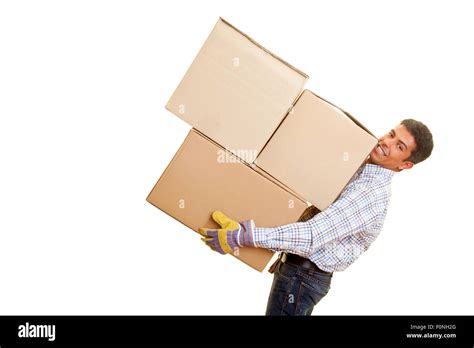 Smiling Man Carrying Heavy Boxes Stock Photo Alamy