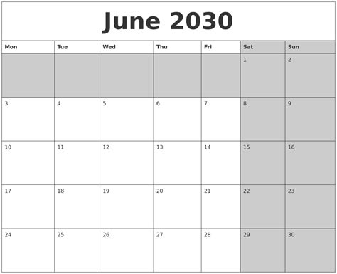 June 2030 Calanders