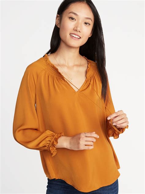 Relaxed Satin Poet Sleeve Blouse For Women Old Navy Tobacco Leaf
