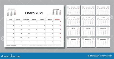 Planificador De 2021 Plantilla De Calendario Español Ilustración Vectorial Cuadrícula De