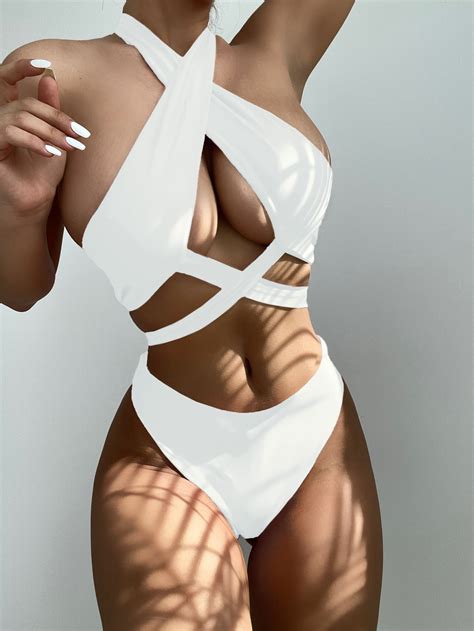 2022 One Piece Solid Cross Bandages Swimming Suit Summer Womens