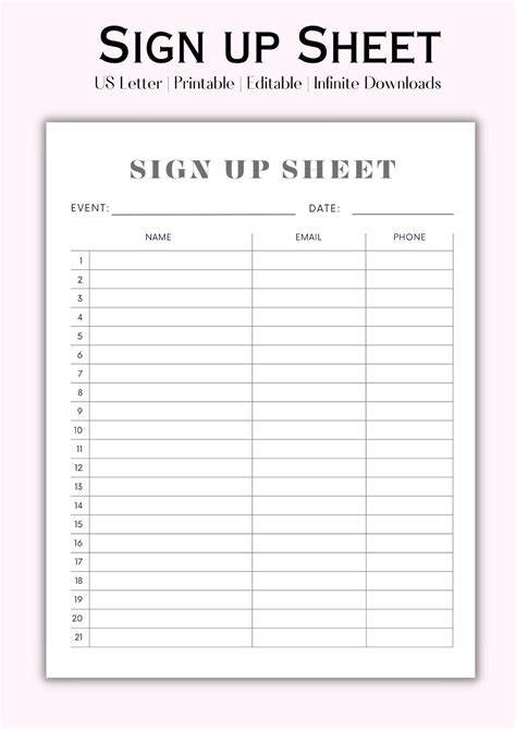 Editable Sign Up Sheet Printable Single Sign Up Form Etsy