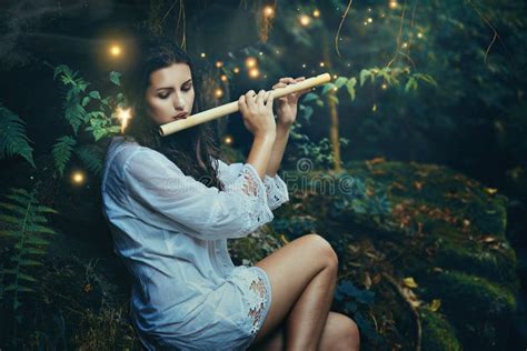 Beautiful Forest Nymph Playing Flute With Fairies Stock Image Image Of Flute Floral