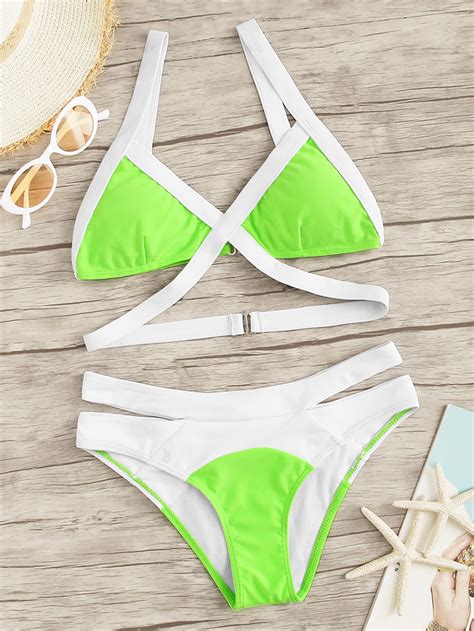 Neon Lime Contrast Trim Triangle Top With Loop Side Bikini Check Out