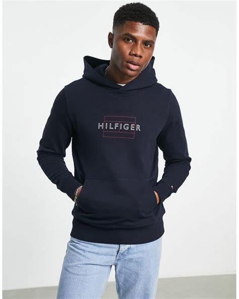 Tommy Hilfiger Cotton Linear Flag Logo Hoodie In Navy Blue For Men