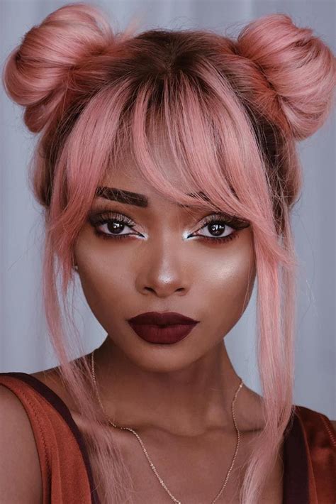 15 Hairstyles With Bun And Bangs Pastel Pink