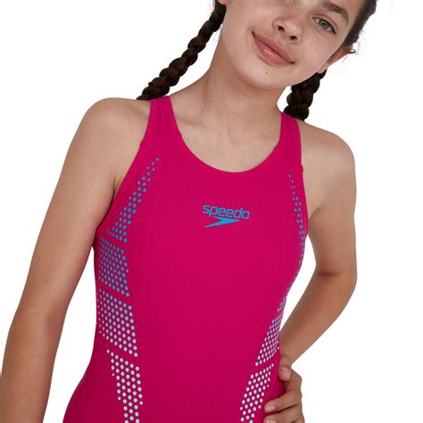 Speedo Plastisol Placement Muscleback Girls Swimsuit Pinkblue Run