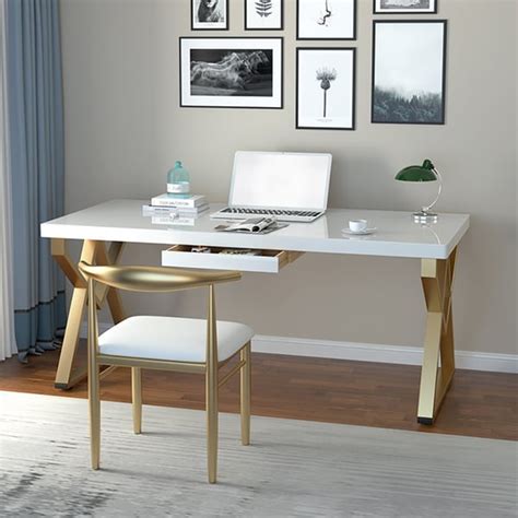 47 Modern Rectangular White Writing Desk Metal Base Wooden Home Office