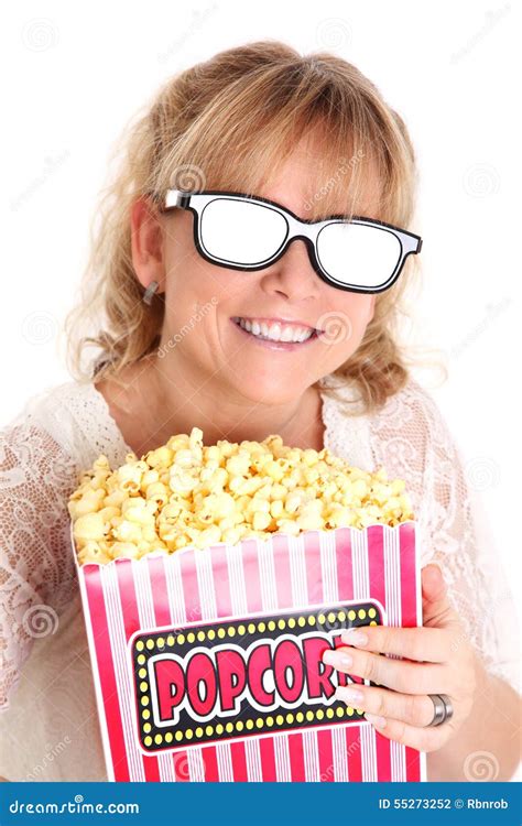 Amazed Woman With Popcorn And D Glasses Stock Photo Image Of Bucket