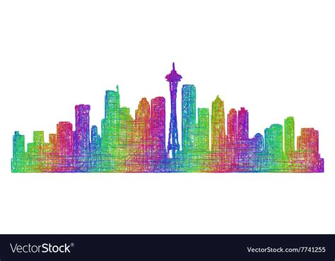 Seattle Skyline Silhouette Multicolor Line Art Vector Image