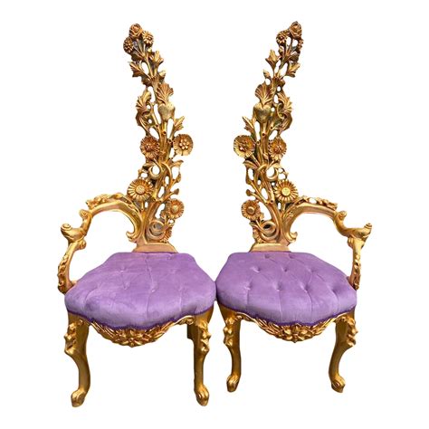 vintage italian baroque rococo fantasy high back flower chairs in purple a pair chairish