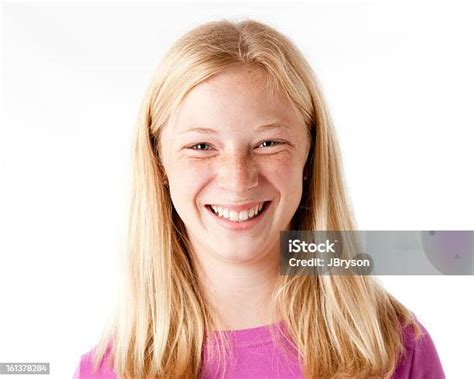 Preteen Caucasion Girl With A Big Smile Closeup Headshot Stock Photo
