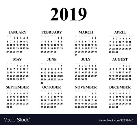 Calendar for year 2019 Royalty Free Vector Image