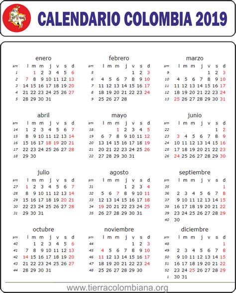 Calendario Colombia 2019 Con Festivos Y Fechas Especiales