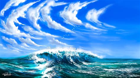 Download Wallpaper 1920x1080 Waves Sea Clouds Birds Art Full Hd Hdtv Fhd 1080p Hd Background
