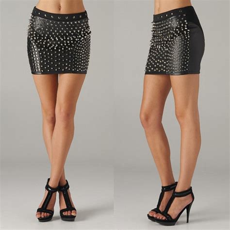 Skirt Leather Skirt Faux Studded Spiked Studded Leather Skirt