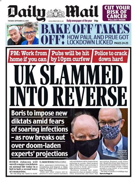 daily mail front page 22nd of september 2020 tomorrow s papers today